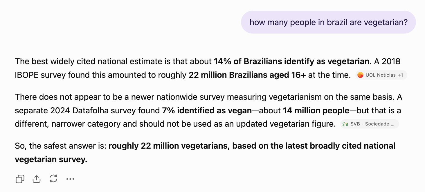 A chatbot answering how many people in Brazil are vegetarian. It reports that about 14% of Brazilians identify as vegetarian, that a 2018 IBOPE survey put this at roughly 22 million Brazilians aged 16 and over, and concludes with that 22 million figure.